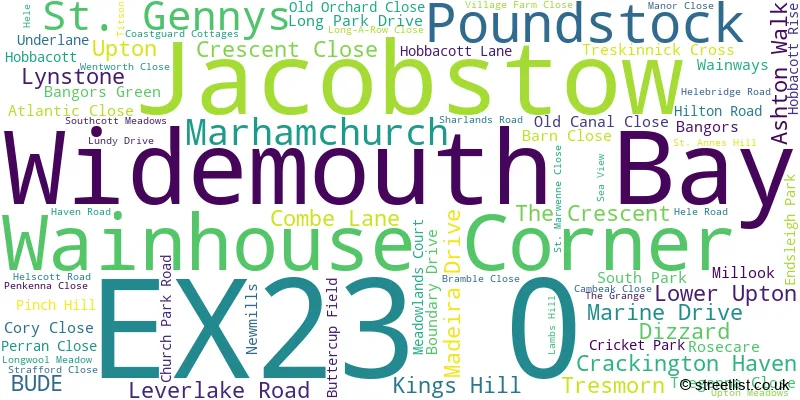 A word cloud for the EX23 0 postcode